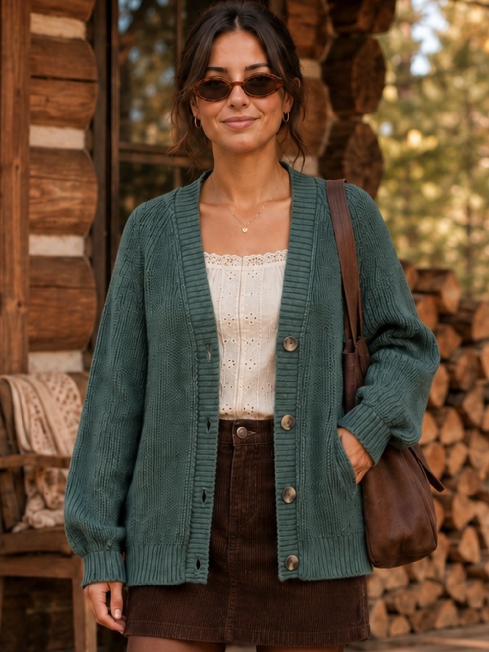 Y2K Gap Chunky Knit Forest Green Cotton Cardigan Cottage Cabincore Size m